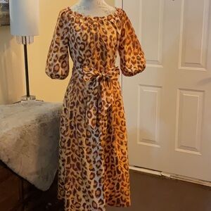 Kate Spade NY Panthera Puff Sleeve Animal Print Midi Dress